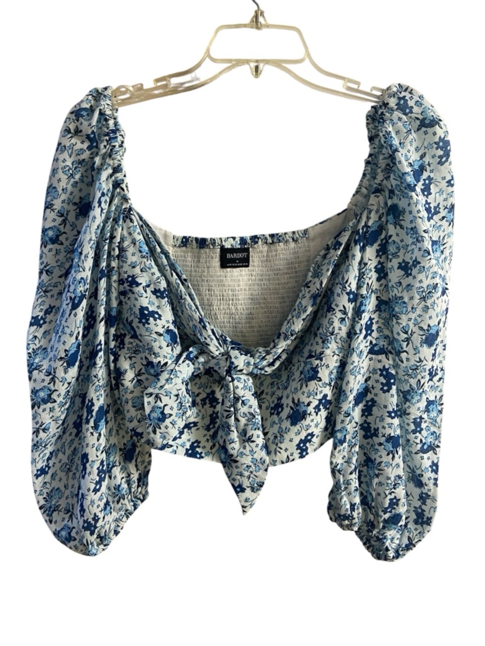 Bardot Rebolve cotton blouse blue floral y2K cropped puff sleeves XL - Picture 3 of 10